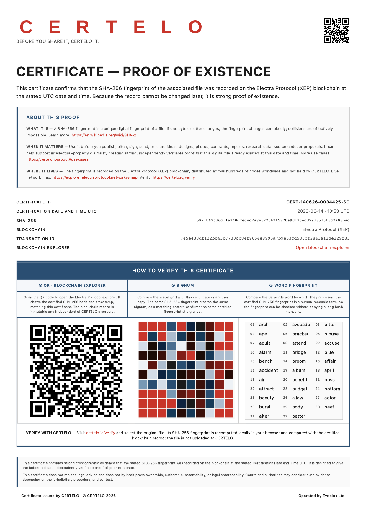 Certelo Certification Validation Certificate Facsimile Example